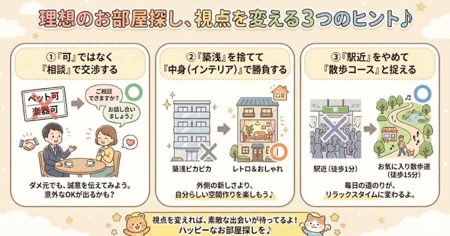 「可」ではなく**「相談」**で交渉する

「築浅」を捨てて**「中身（インテリア）」**で勝負する

「駅近」をやめて「散歩コース」と捉える
インフォグラフィック
