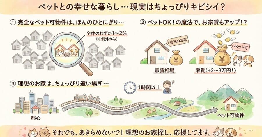 完全なペット可物件: 全体のわずか1〜2％（※アパートメントタイプなどの例外のみ）

家賃相場: ペット可になった途端、相場より2〜3万円高い

立地: 都心から1時間以上離れた場所ばかり
インフォグラフィック