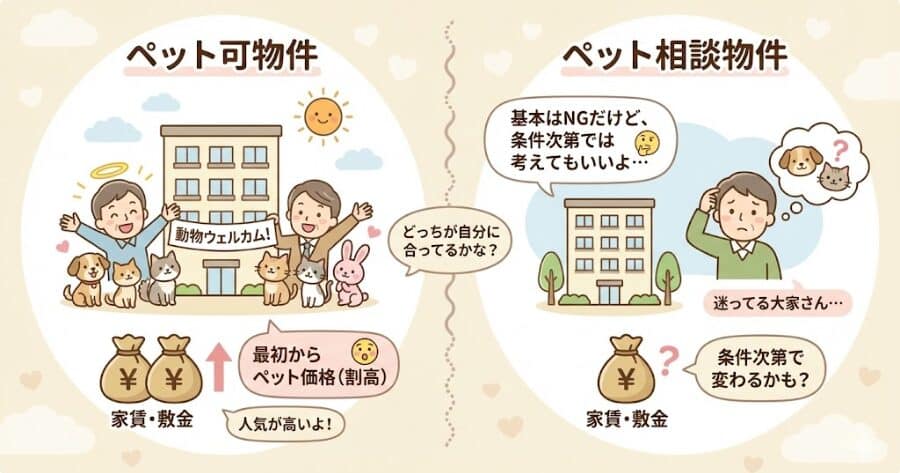 ペット可: 大家さんが「動物ウェルカム！」と公言している物件。人気が高く、家賃や敷金も最初から「ペット価格（割高）」に設定されています。

ペット相談: 大家さんが「基本はNGだけど、条件次第では考えてもいいよ」と迷っている物件。
インフォグラフィック