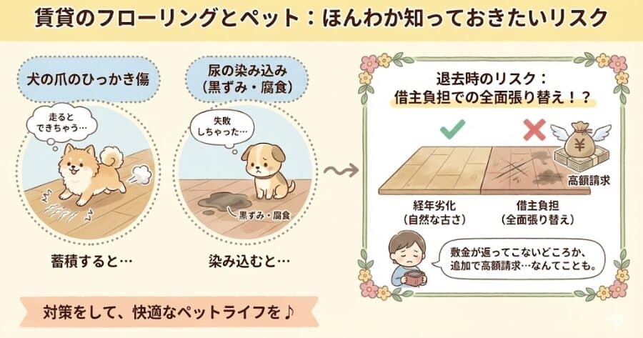 犬が走った時の「爪のひっかき傷」

トイレを失敗した時の「尿の染み込み（黒ずみ・腐食）」
インフォグラフィック