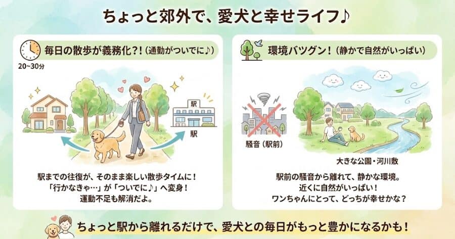 毎日の散歩が義務化される: 駅までの往復20〜30分が、そのまま愛犬との散歩タイムになります。「散歩に行かなきゃ」と気負わなくても、通勤のついでに運動不足が解消されます。

環境が良い: 駅前の喧騒から離れるので、騒音が少なく、近くに大きな公園や河川敷がある確率が高いです。犬にとってどちらが幸せかは明白ですよね。
インフォグラフィック