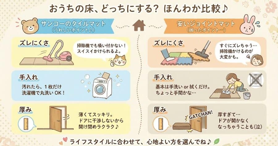 特徴サンコーのタイルマット安いジョイントマットズレにくさ掃除機でも吸い付かないすぐズレる手入れ1枚だけ洗濯機で洗える手洗いor拭くだけ厚み薄くてドアに干渉しない厚すぎてドアが開かない
インフォグラフィック